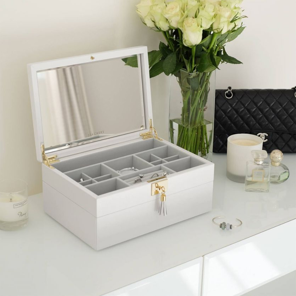 Orchid White Leather Jewellery Box, White Leather Jewelry Box